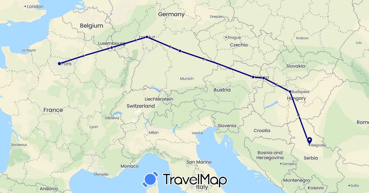 TravelMap itinerary: driving in Austria, Germany, France, Hungary, Luxembourg, Serbia, Slovakia (Europe)